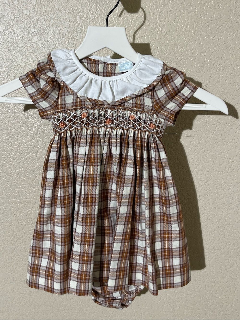 Edgehill Collection Brown Plaid Smocked Dress with White Collar
